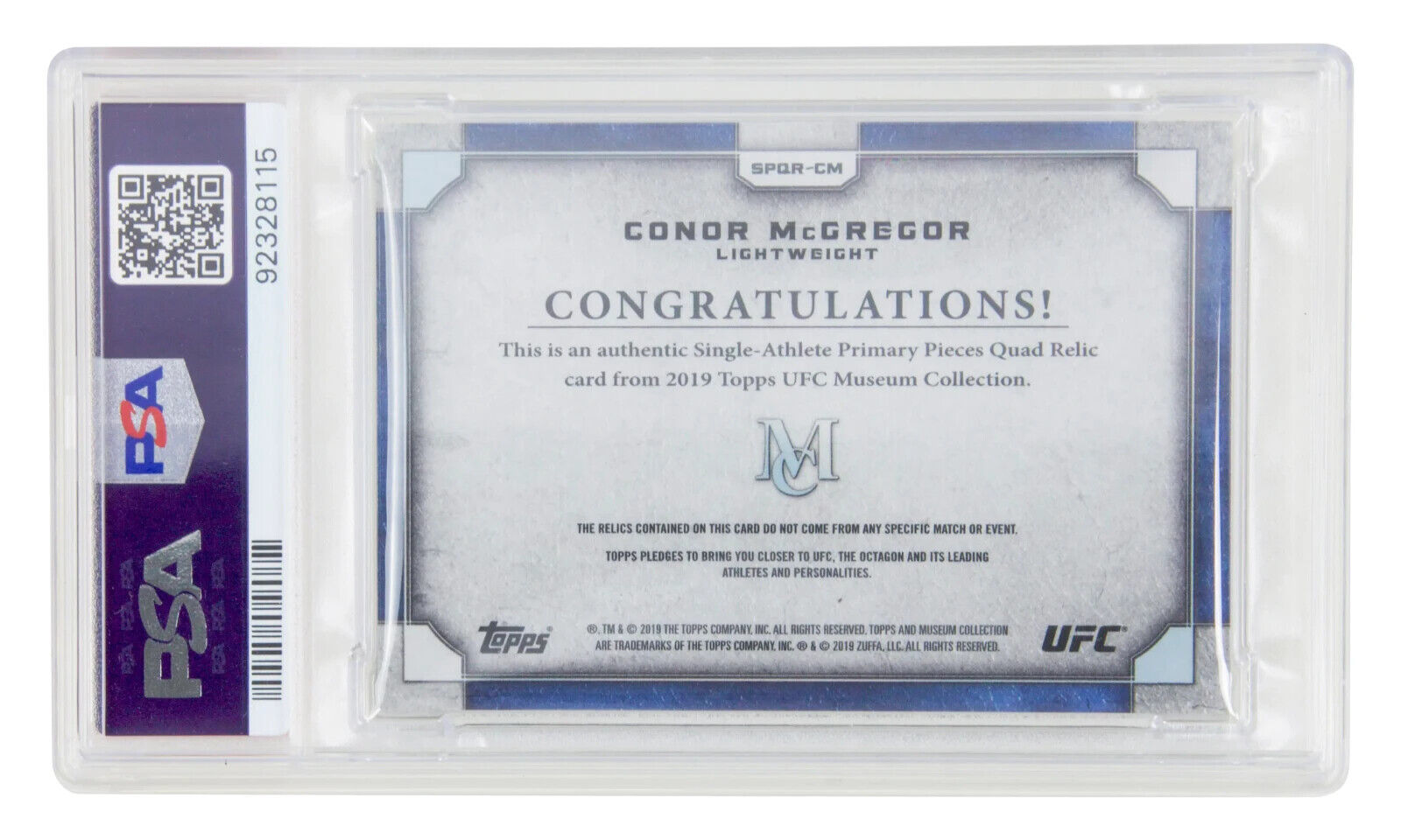 Conor McGregor Signed 2019 Topps UFC Museum Worn Relic /50 – PSA 6 Autograph 10